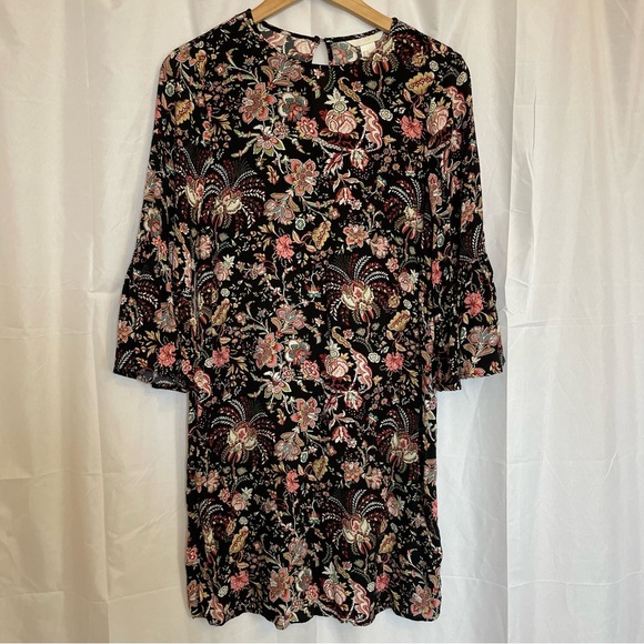 H&M Women’s Black Pink Floral Mini Dress 3/4 Flare Sleeve Size 10 - Picture 1 of 13